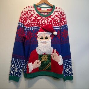 Ugly Christmas Sweater Cool Santa Blinged Out with Sunglasses Size Large